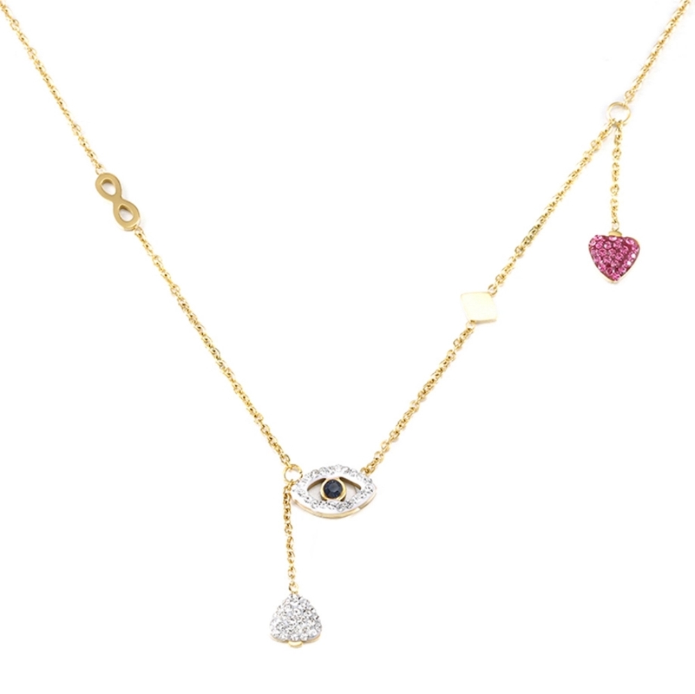 Gold Crystal Eye Pink Heart Pendant Necklace Chain Infinity Cute Dangle Charms